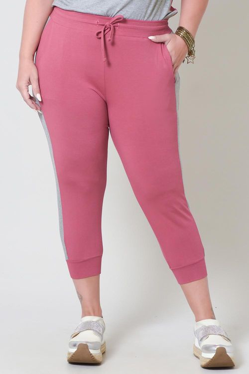 Calça Cropped Plus Size Cereja em Malha Bicolor