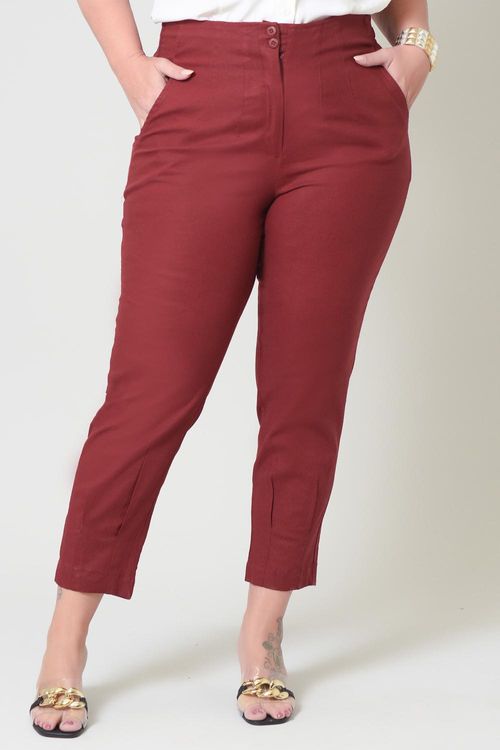Calça Cropped Plus Size Lacucha em Linho com Pregas