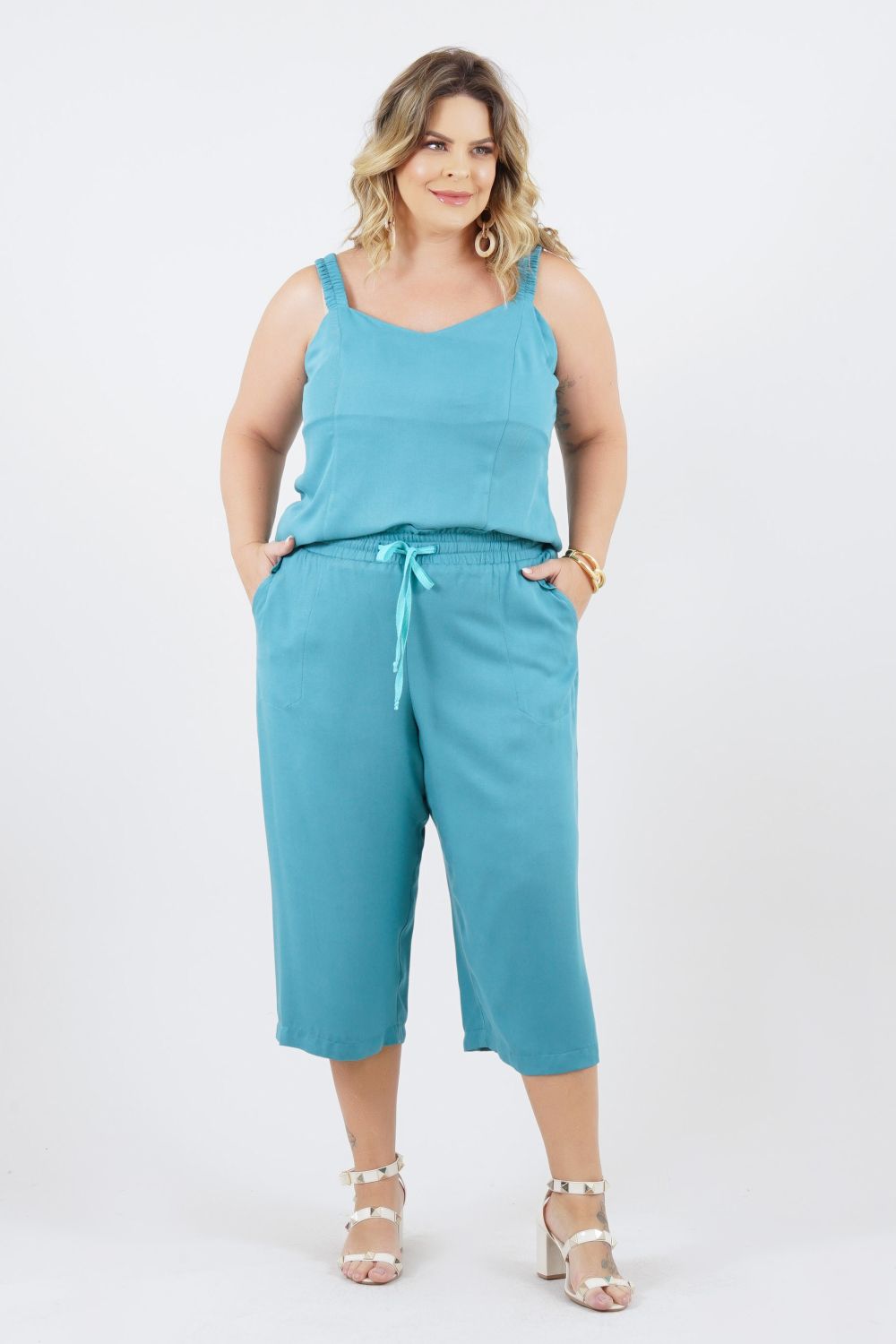 Calça Legging Feminina Plus Size Cotton Cós Médio Lisa - Azul