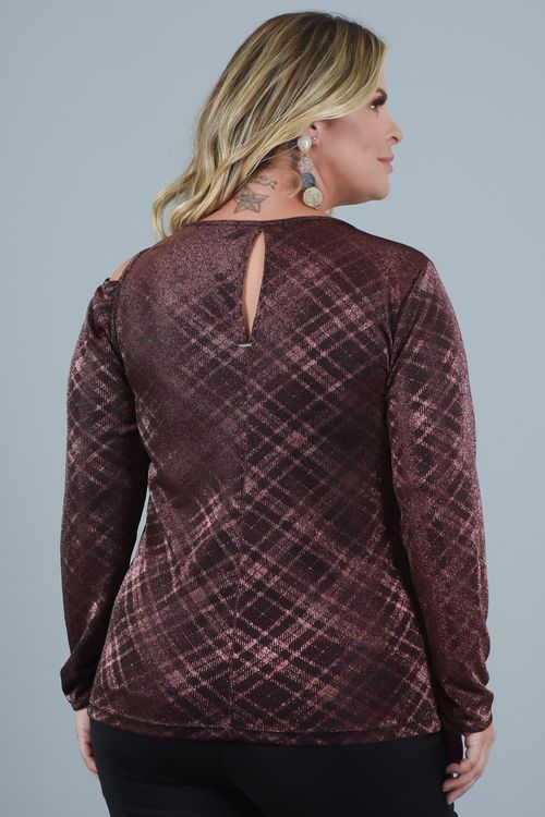 Blusa Plus Size Suellen Malha Brilho Xadrez com Manga Longa