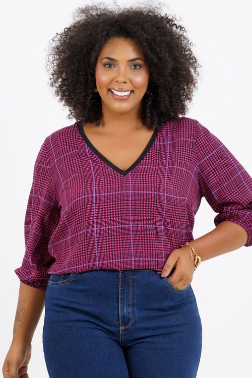 Blusa Plus Size Polônia Xadrez Manga 3/4