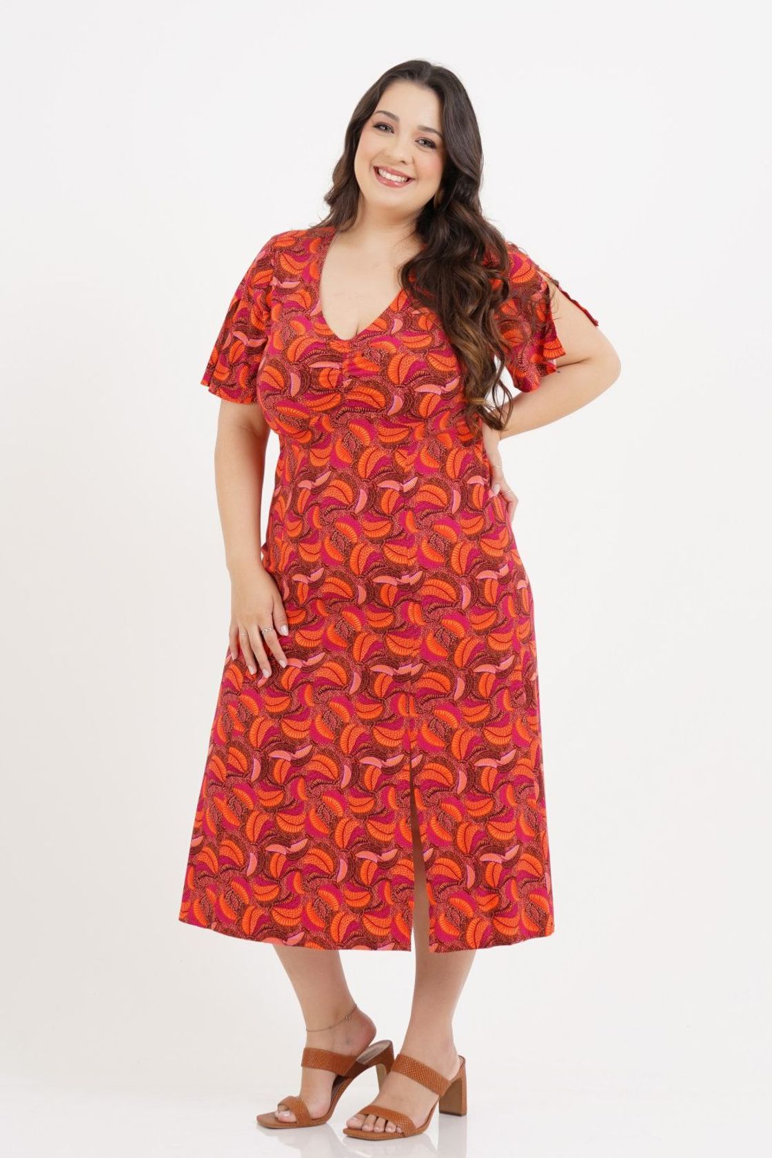 Vestido Plus Size Curto Floral Laranja