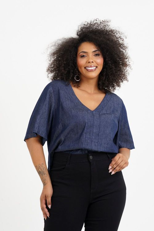 Blusa Cropped Plus Size Paloma Manga Curta Jeans