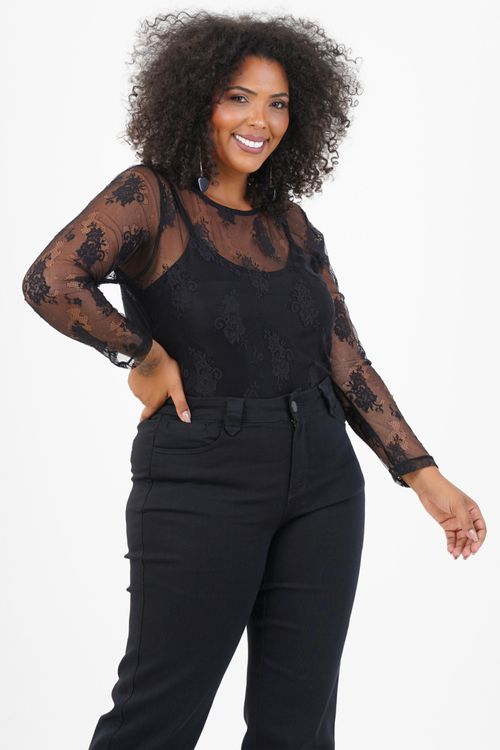 Blusa Tule Plus Size Rendado c/ Regata Experiência Manga Longa