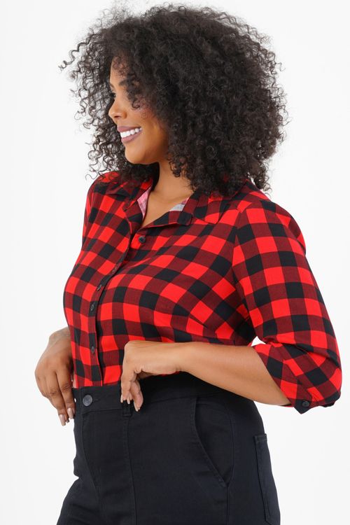 Camisa Plus Size Livre Manga 3/4 Xadrez