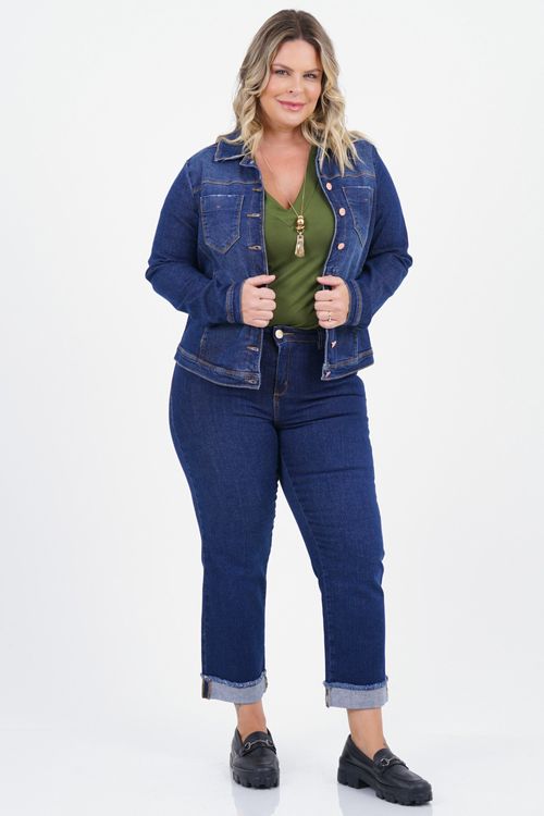 Jaqueta Slim Plus Size Foco Manga Longa Jeans