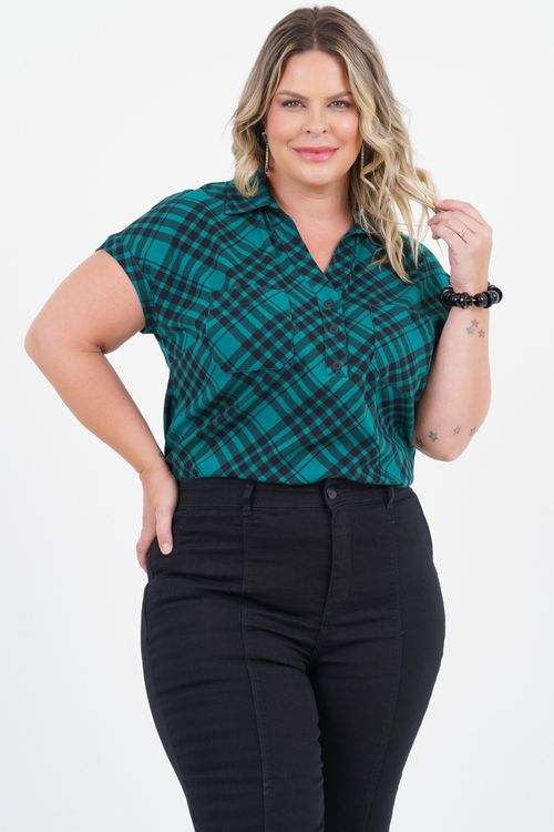 Blusa Plus Size Intuição Manga Curta Xadrez