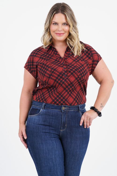 Blusa Plus Size Intuição Manga Curta Xadrez