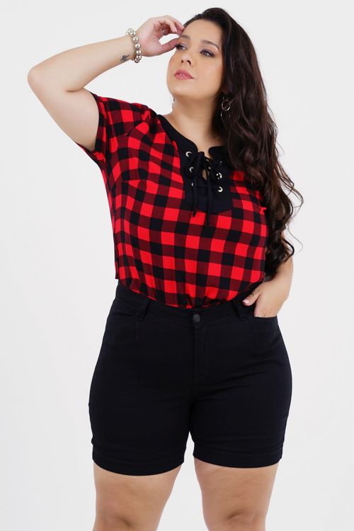 Blusa Plus Size Percepção Manga Curta Xadrez