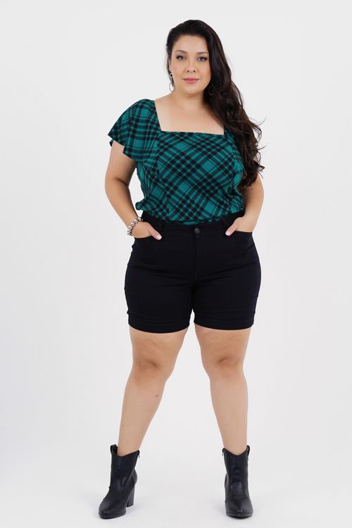 Blusa Plus Size Alinhar Manga Curta Xadrez
