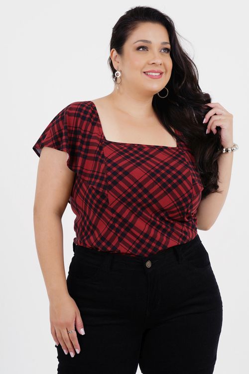 Blusa Plus Size Alinhar Manga Curta Xadrez