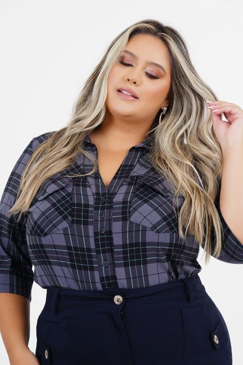 Camisão Plus Size Natureza Manga 3/4 Xadrez