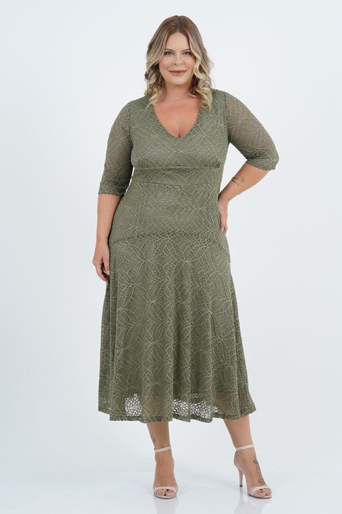 Vestido Renda Plus Size Flores Midi