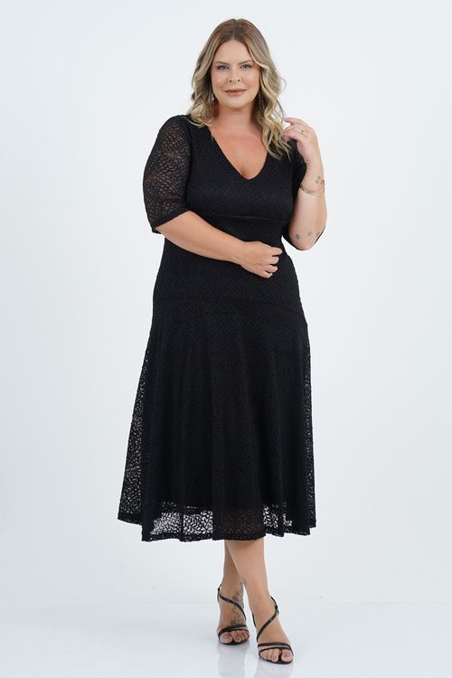 Vestido Renda Plus Size Flores Midi
