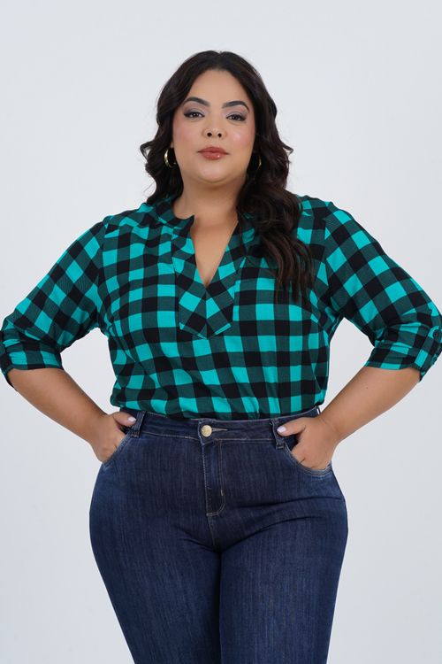 Blusa Plus Size Estável Manga 3/4 Xadrez