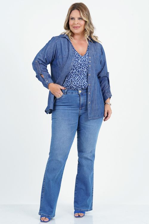 Camisa Plus Size Aconchego Manga Longa Jeans