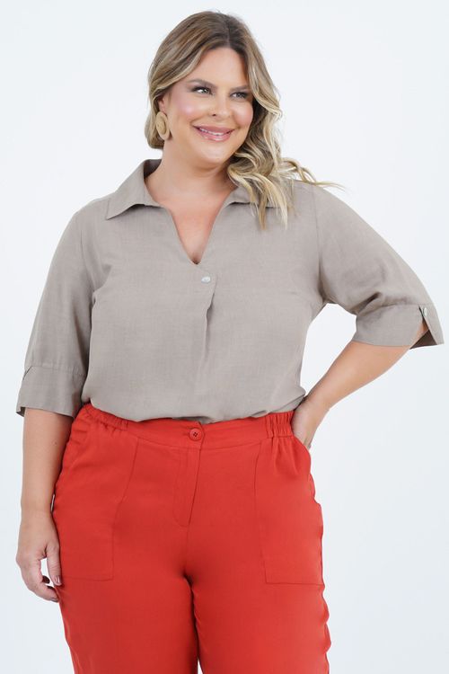 Camisa Plus Size Feminino Manga 3/4 Linho Idéias