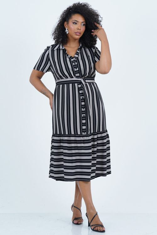 Vestido Plus Size Feminino Midi Listrado