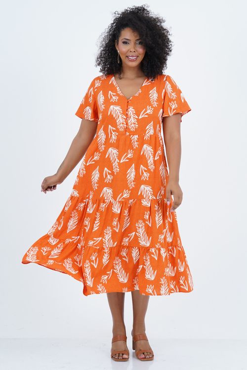 Vestido Plus Size Feminino Midi Folhagem