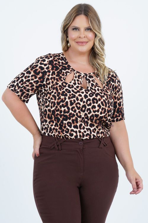 Blusa Plus Size Feminino Manga Curta Onça
