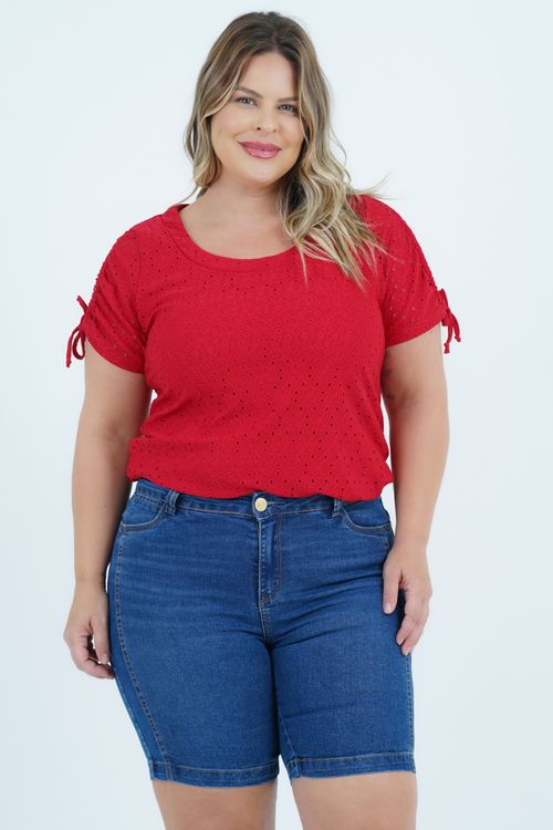 Blusa Plus Size Feminino Manga Curta Laise Refrigerante