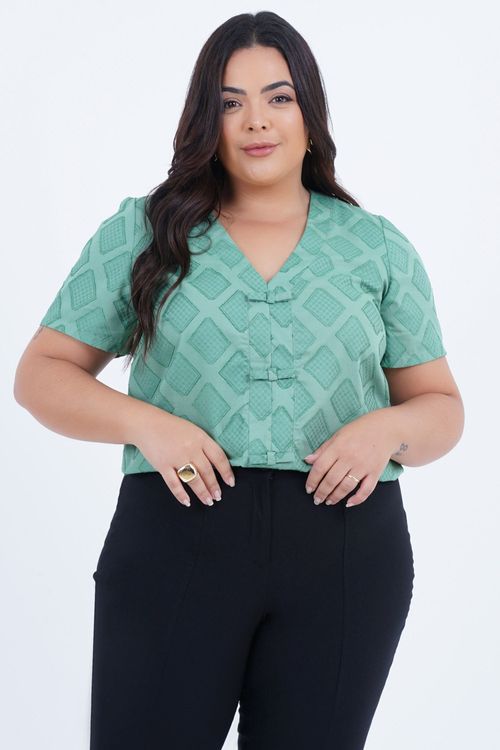 Blusa Plus Size Feminino Linho Manga Curta Losango