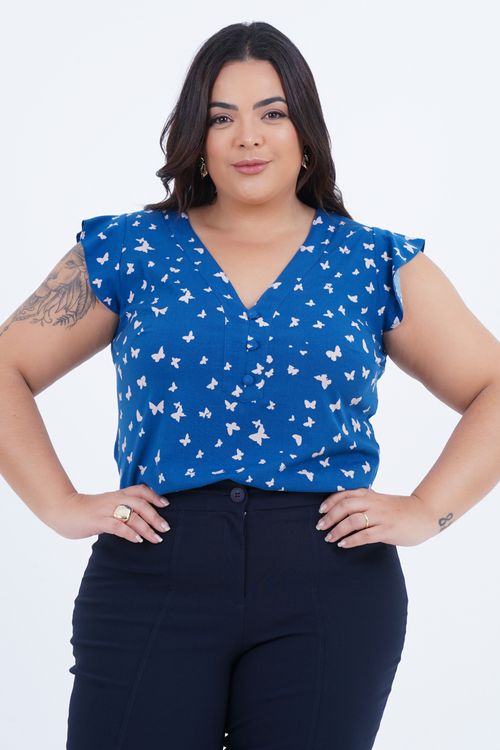 Blusa Plus Size Feminino Manga Curta Borboleta