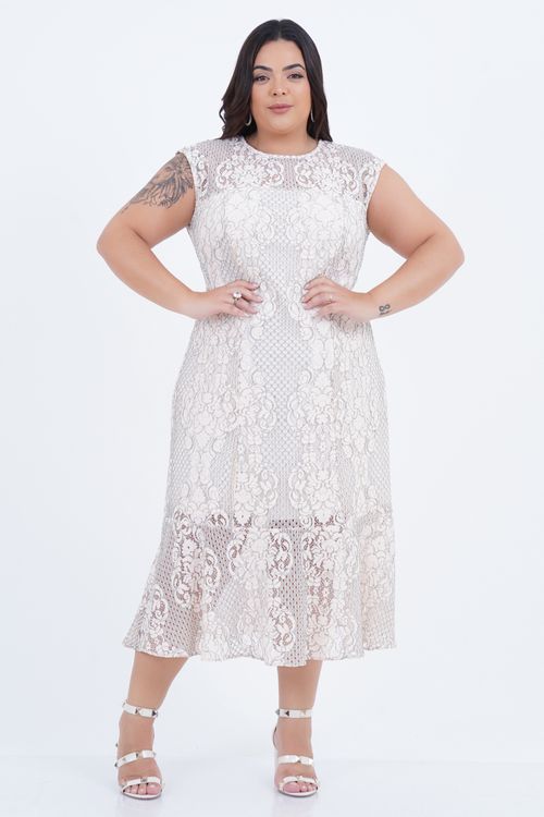 Vestido Plus Size Feminino Midi Renda Estrela