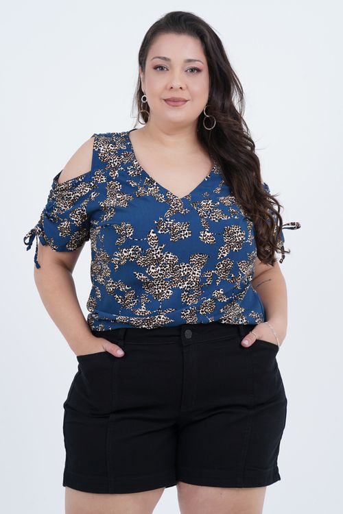 Blusa Plus Size Feminino Manga 3/4 Leopardo