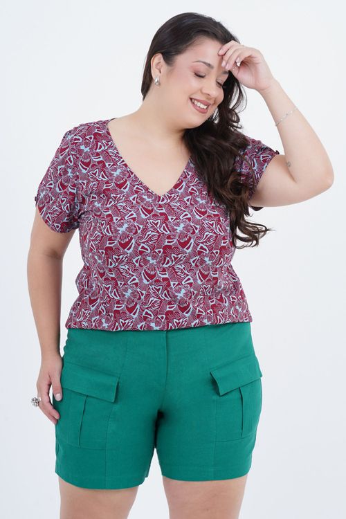 Blusa Plus Size Feminino Manga Curta Flower