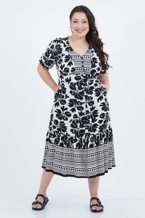 Vestido Plus Size Feminino Midi Barrado