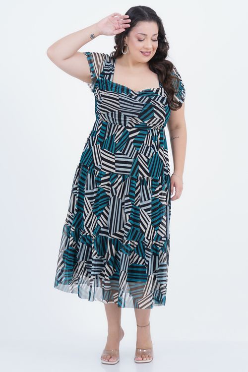 Vestido Plus Size Feminino Midi Tule Drapeado
