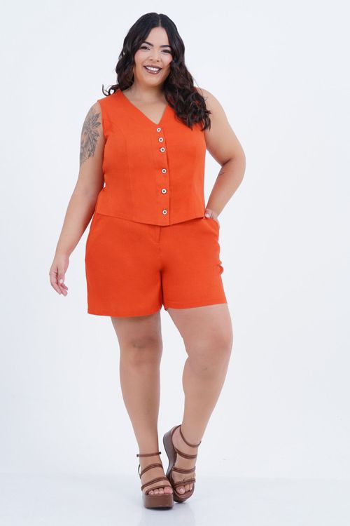 Macaquinho Plus Size Feminino Linho Colete