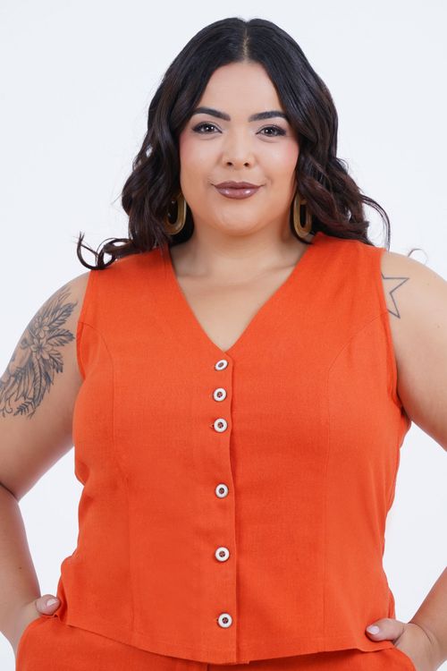 Macaquinho Plus Size Feminino Linho Colete
