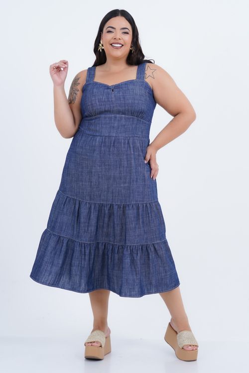 Vestido Plus Size Feminino Midi Jeans Romance