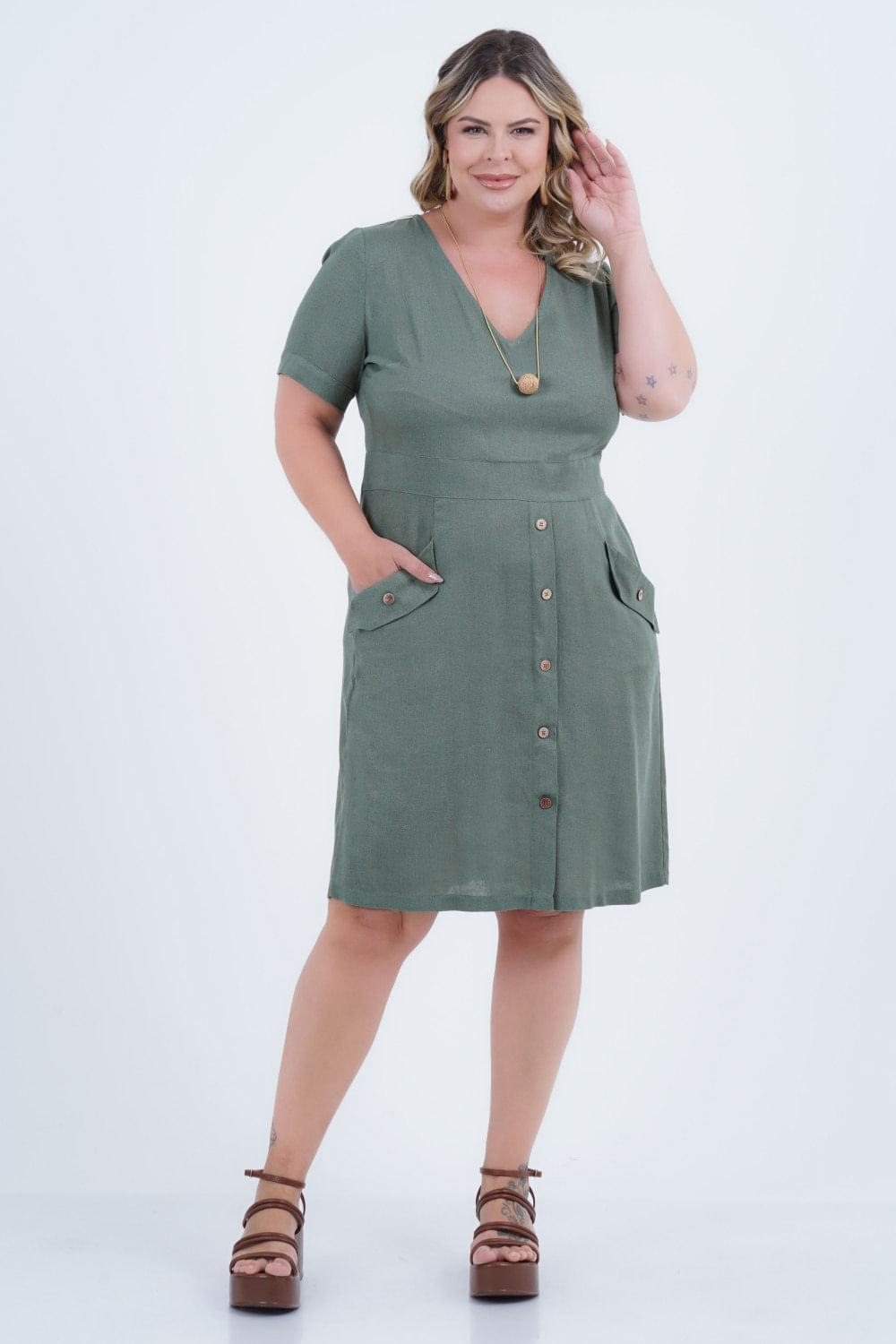 Vestido Plus Size Feminino Médio Linho Realeza