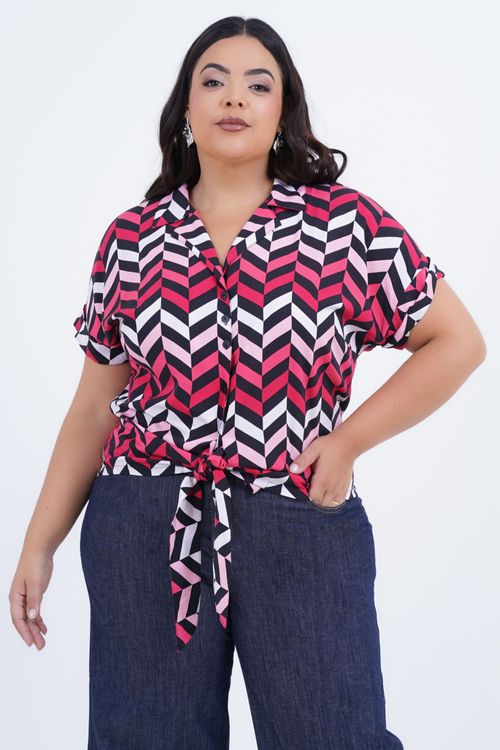 Camisa Cropped Plus Size Feminino Chevron Manga Curta