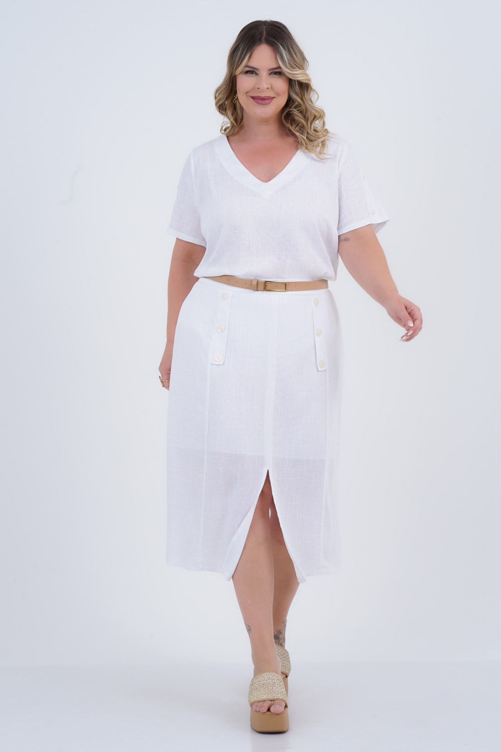Blusa Plus Size Feminino Manga Curta Linho Santé