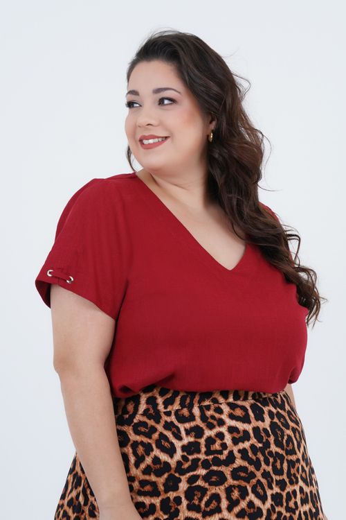 Blusa Plus Size Feminino Manga Curta Linho Ilhós