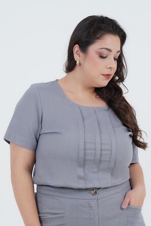 Blusa Plus Size Feminino Manga Curta Linho Plissê