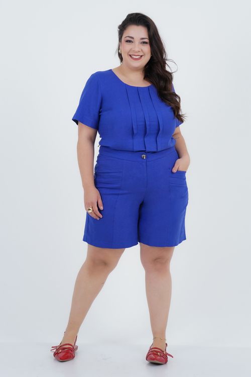 Blusa Plus Size Feminino Manga Curta Linho Plissê