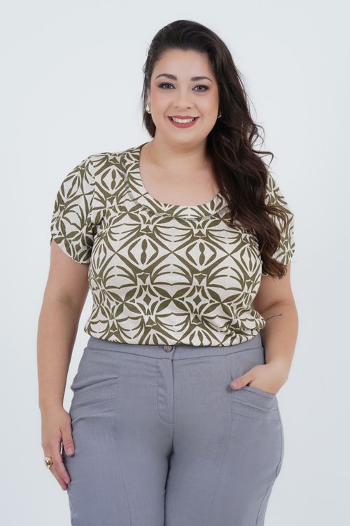 Blusa Plus Size Feminino Manga Curta Botanico