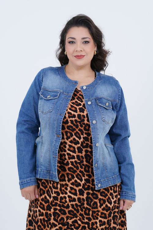 Jaqueta Plus Size Feminino Manga Longa Jeans Tweed