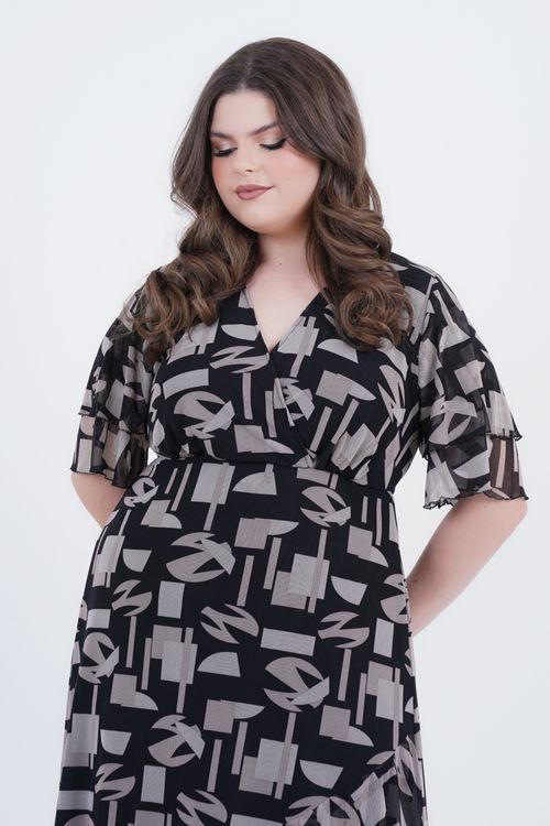 Vestido Plus Size Feminino Midi Tule Geométrico
