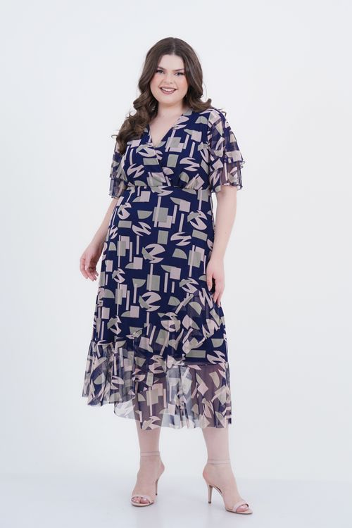 Vestido Plus Size Feminino Midi Tule Geométrico