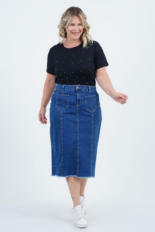Saia Plus Size Feminino Midi Jeans Matriz