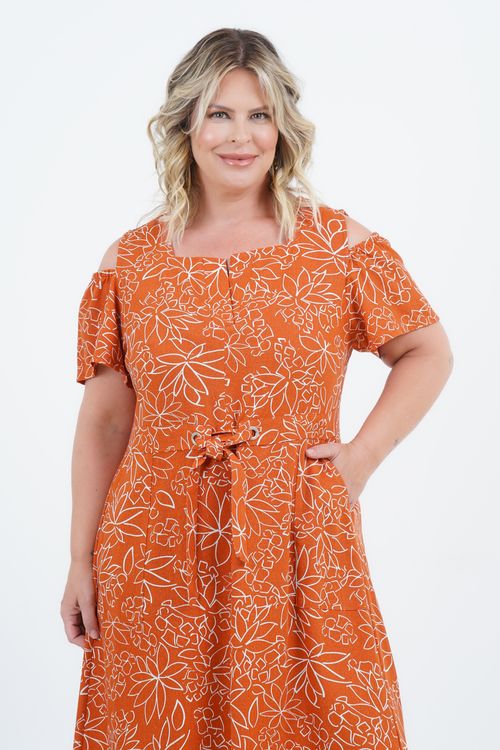 Vestido Plus Size Feminino Midi Linho Mandarina