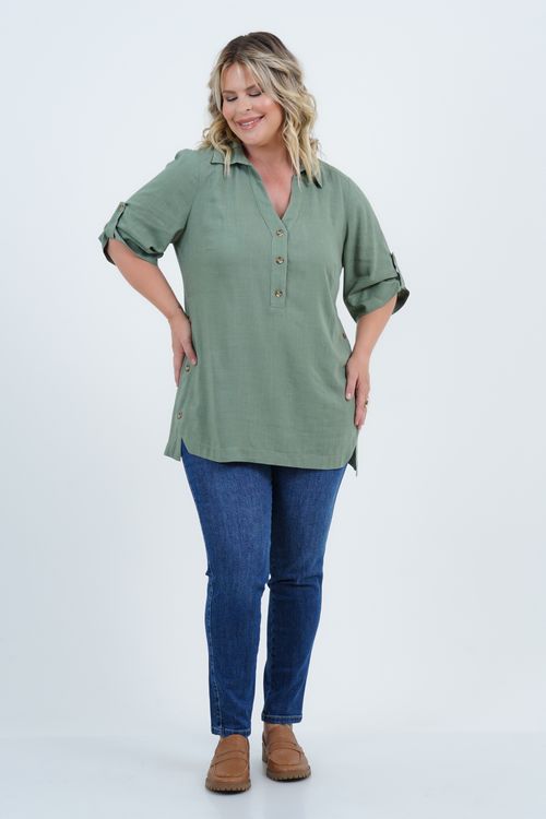 Camisa Plus Size Feminino Manga 3/4 Linho Ancestral