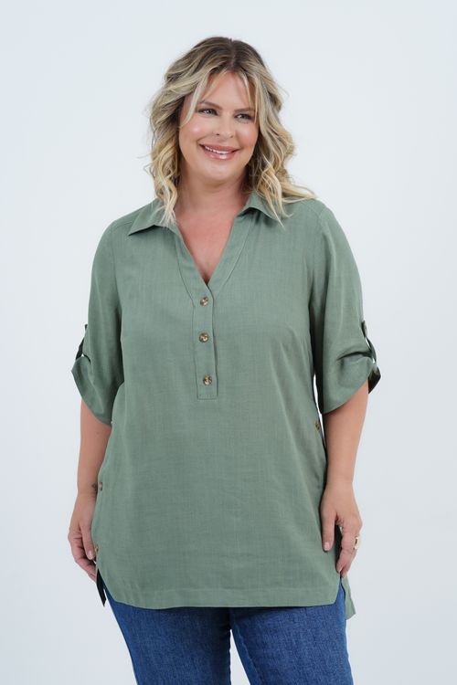 Camisa Plus Size Feminino Manga 3/4 Linho Ancestral