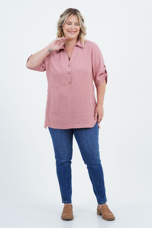 Camisa Plus Size Feminino Manga 3/4 Linho Ancestral